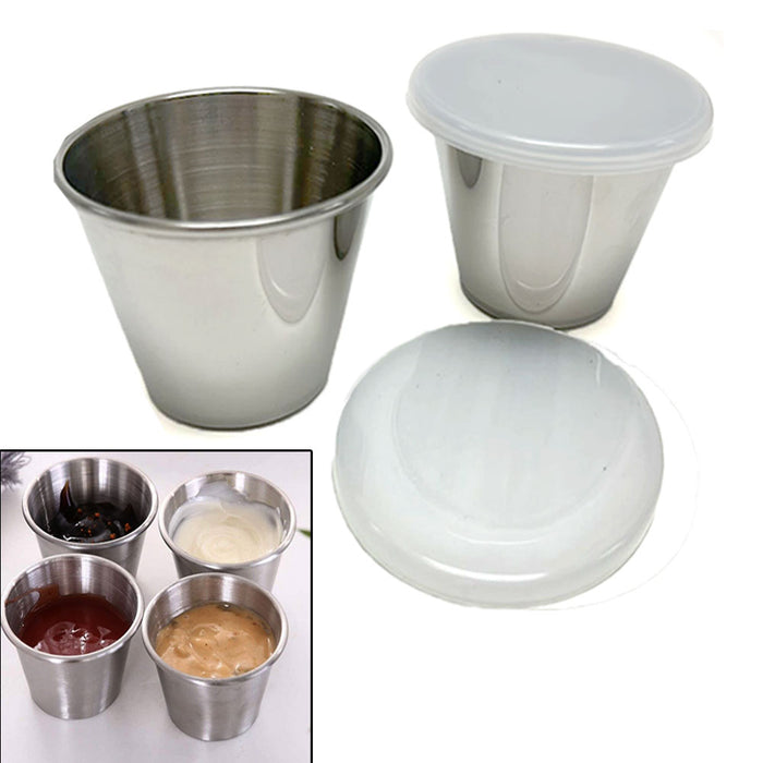 24 Pk Reusable Sauce Cups W/ Lids Stainless Steel Condiment Dressing Saucer Dish