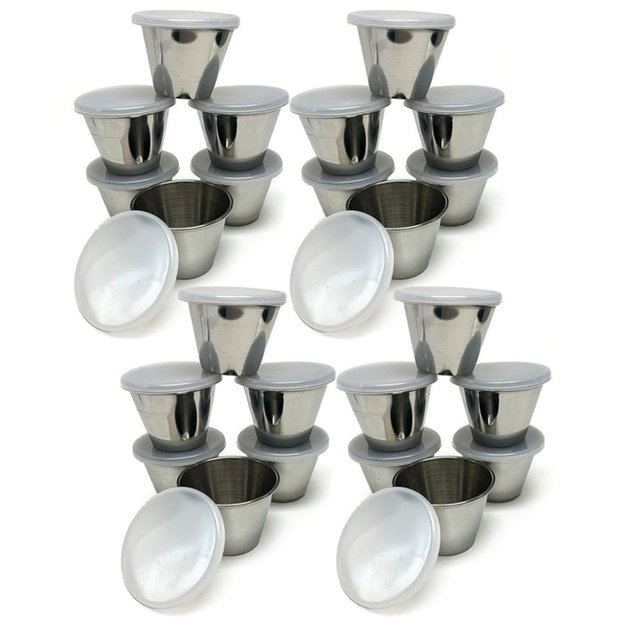 24 Pk Reusable Sauce Cups W/ Lids Stainless Steel Condiment Dressing Saucer Dish