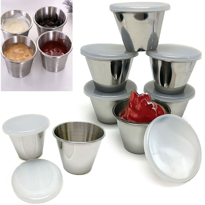 18 Pk Portion Cups W/ Lids Stainless Steel Sauce Dish Condiment Dressing Saucer