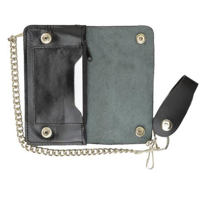 1 X Black Genuine Leather Men Wallet Bifold Metal Chain Biker Trucker Motorcycle