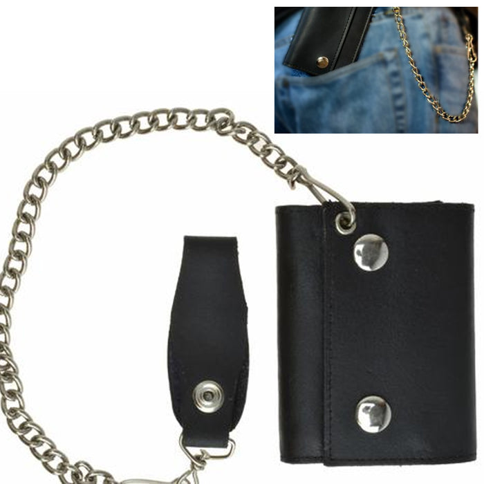 1 Black Genuine Leather Men Wallet Trifold Metal Chain Biker Trucker Motorcycle
