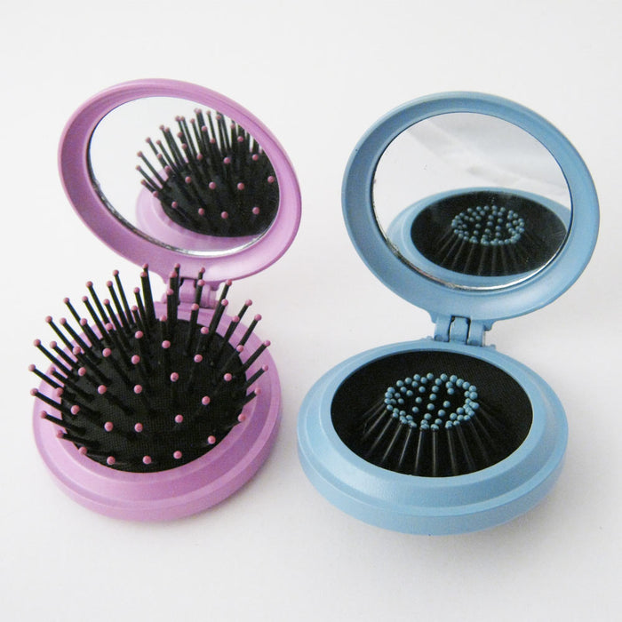 1 Folding Hair Brush W Mirror Pocket Size Portable Purse Travel Compact Car Gift