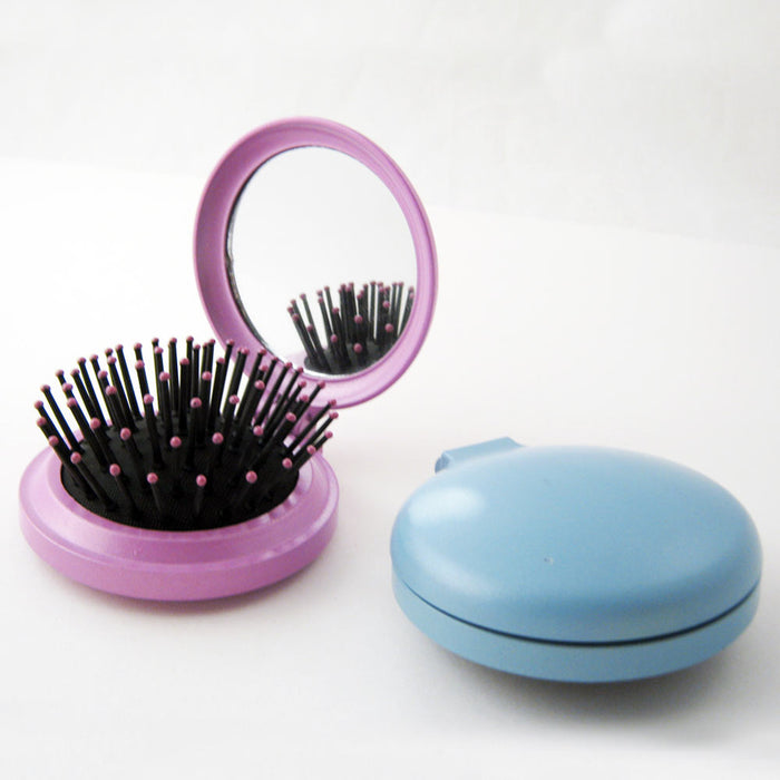 1 Folding Hair Brush W Mirror Pocket Size Portable Purse Travel Compact Car Gift