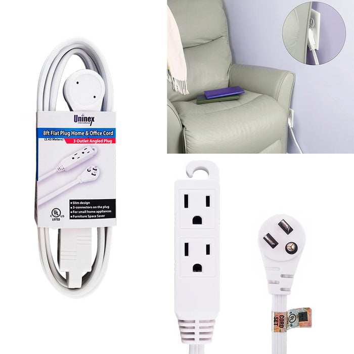 8ft 3Outlet Heavy Duty Flat Plug Extension Cord Wire 16/3 SPT-2 3 Prong Grounded