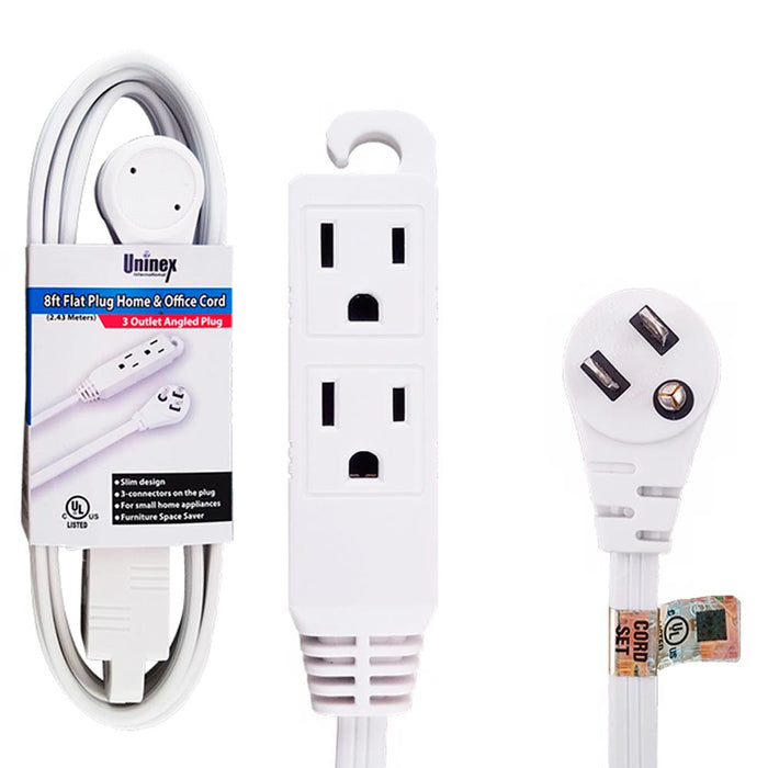 8ft 3Outlet Heavy Duty Flat Plug Extension Cord Wire 16/3 SPT-2 3 Prong Grounded