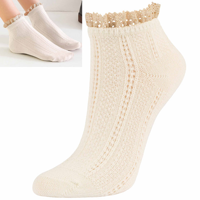 4 Pair Women Ankle Socks Fancy Retro Lace Ruffle Frilly Princess Crew Ivory 7-9