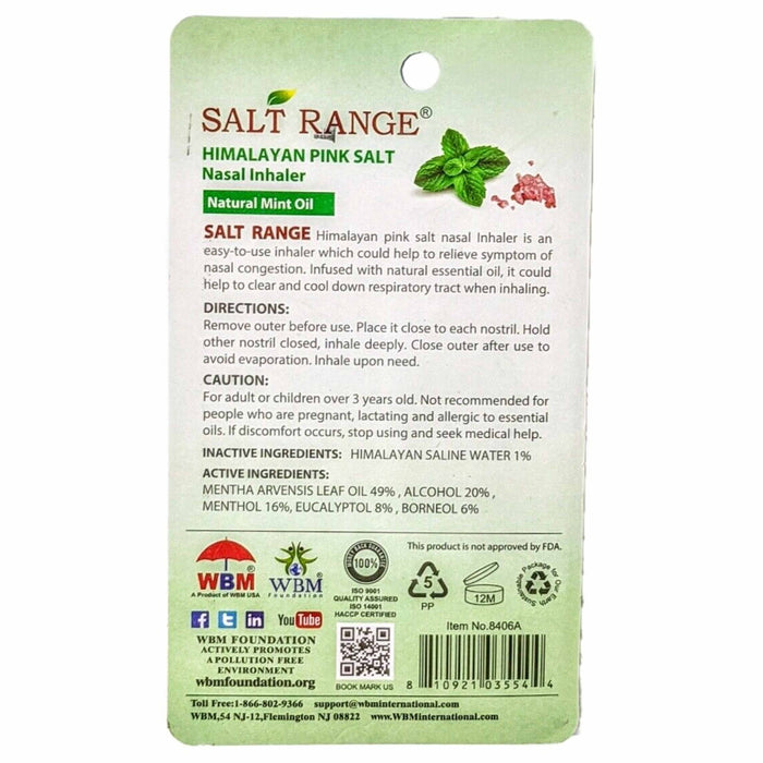 6 Pk Natural Nasal Himalayan Pink Salt Inhaler Nose Cooling Mint Essential Oils