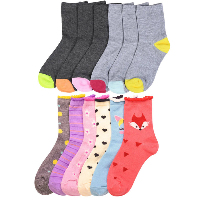 12 Pairs Girls Crew Socks Toddler Kids Designs Size 4-6 Mixed Assorted Fashion !
