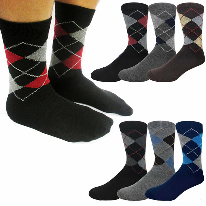 12 Pairs Mens Cotton Socks Argyle Striped Solid Crew Dress Casual Fashion 10-13