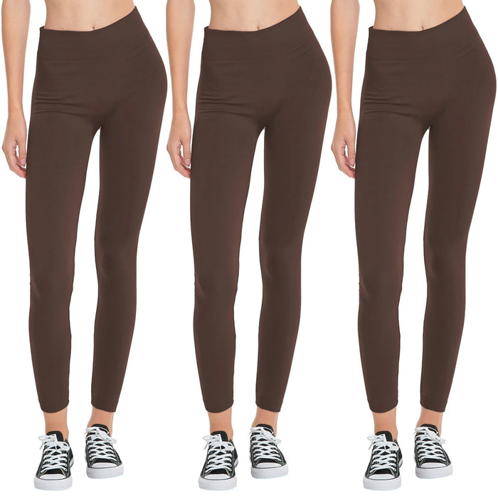 3 Seamless Fleece Brown Leggings One Size Yoga Pants Stretchy Women Coffee Color