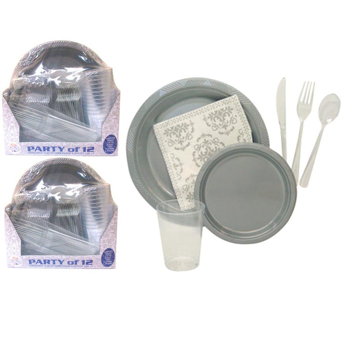 24 Person Dinner Wedding Party Disposable Dinnerware Set Gray Plastic Plates New