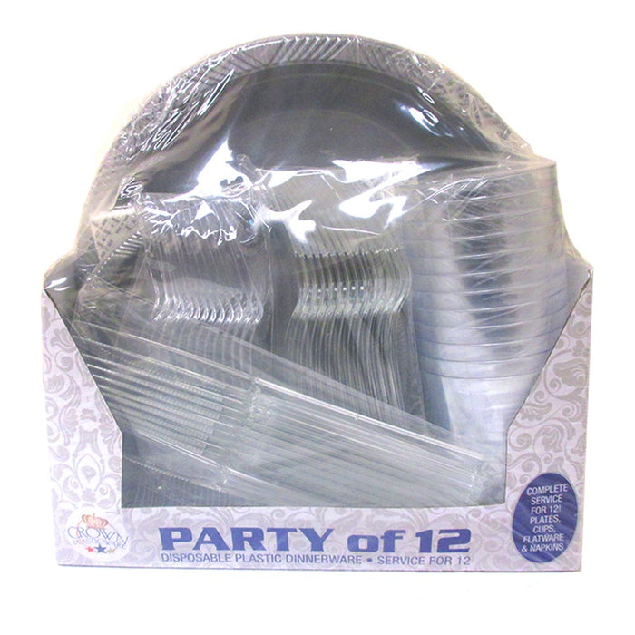 24 Person Dinner Wedding Party Disposable Dinnerware Set Gray Plastic Plates New