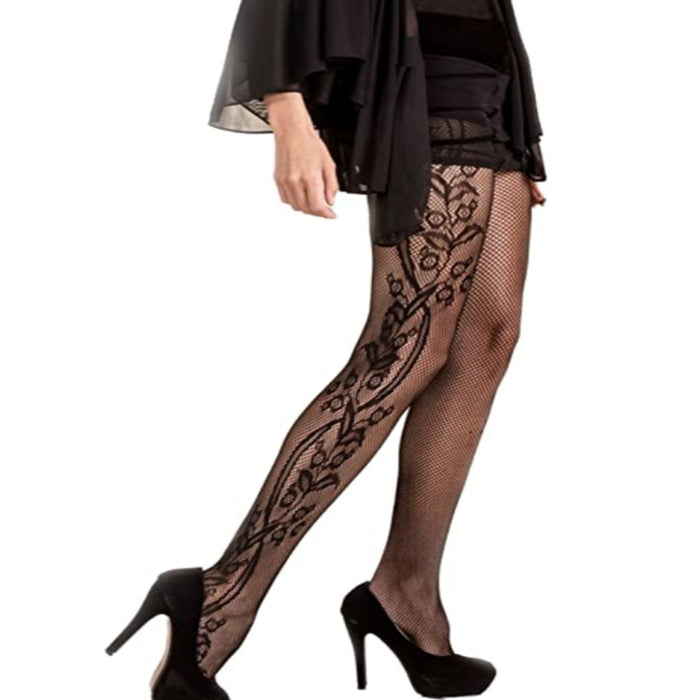 1 Women Plus Fishnet Stockings Pantyhose Floral Lace Inset Sexy Mesh Queen Size