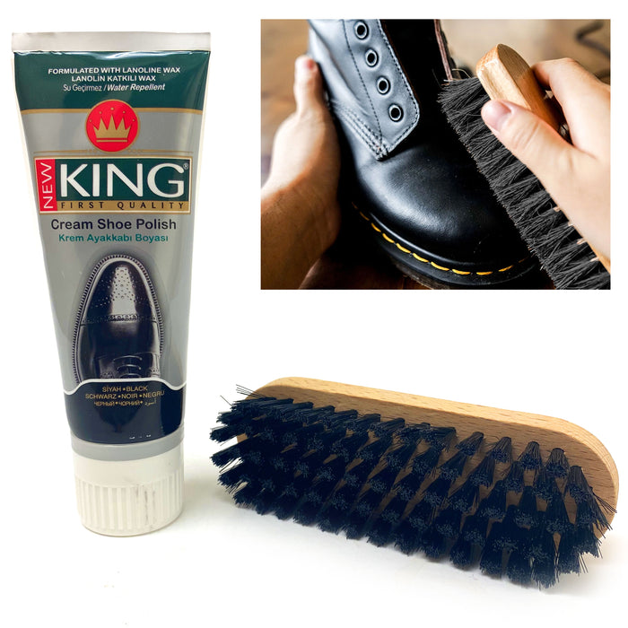 2 Sets Shoe Boot Polish Shine Wooden Brush Kit Leather Cream 75mL Finish Black