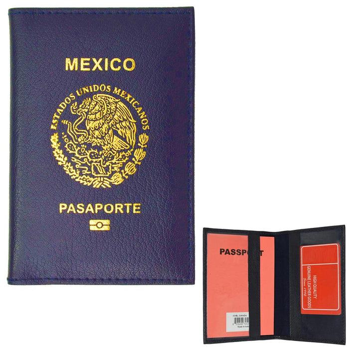 Genuine Leather Mexico Passport Cover Holder Wallet Case Card Protect Navy Blue