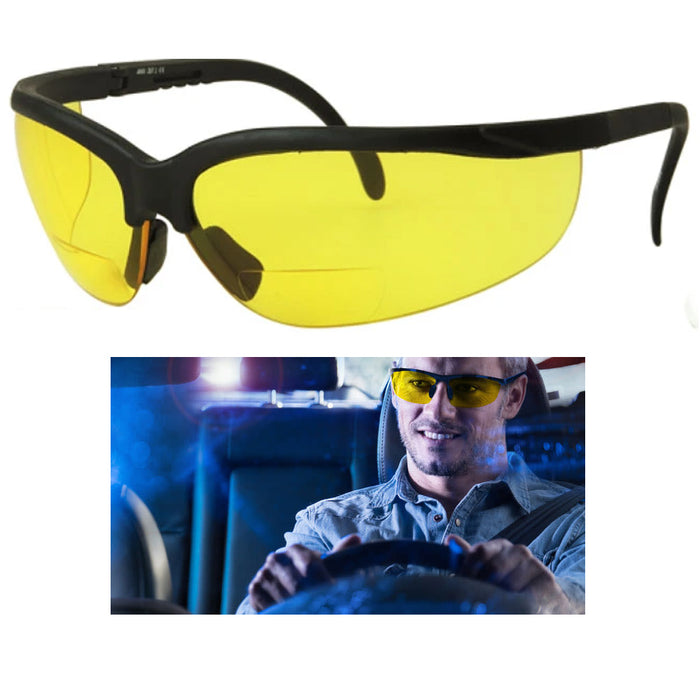 1 Bifocal Night Driving Sunglasses Riding Glasses Black Frame Yellow Lens +2.50
