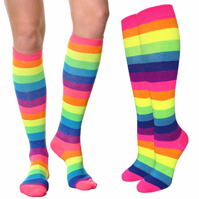 Women's Rainbow Pride Festival Knee Highs Socks Neon Stripe Multicolor Size 9-11