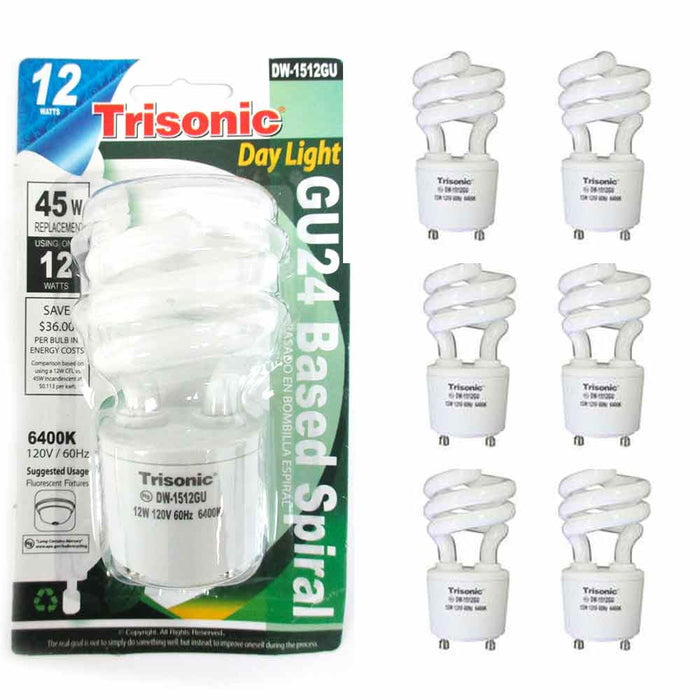 6 Pc Mini Bulb Daylight Light 12W Energy 45 Watt Output Spiral White Fluorescent