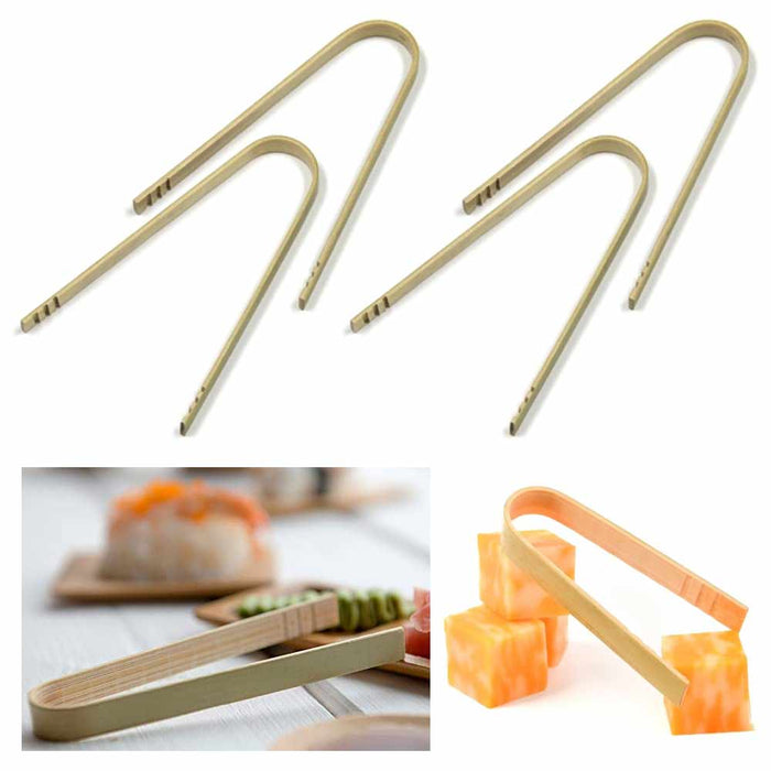 4 Pc Mini Tongs Bamboo Wood Natural Disposable Small Utensil Toast Appetizer 4"