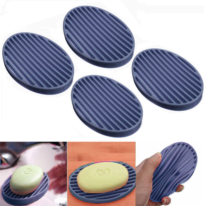 4 Soap Bar Saver Trays Silicone Dish Sponge Drainer Holder Bathroom Shower Blue