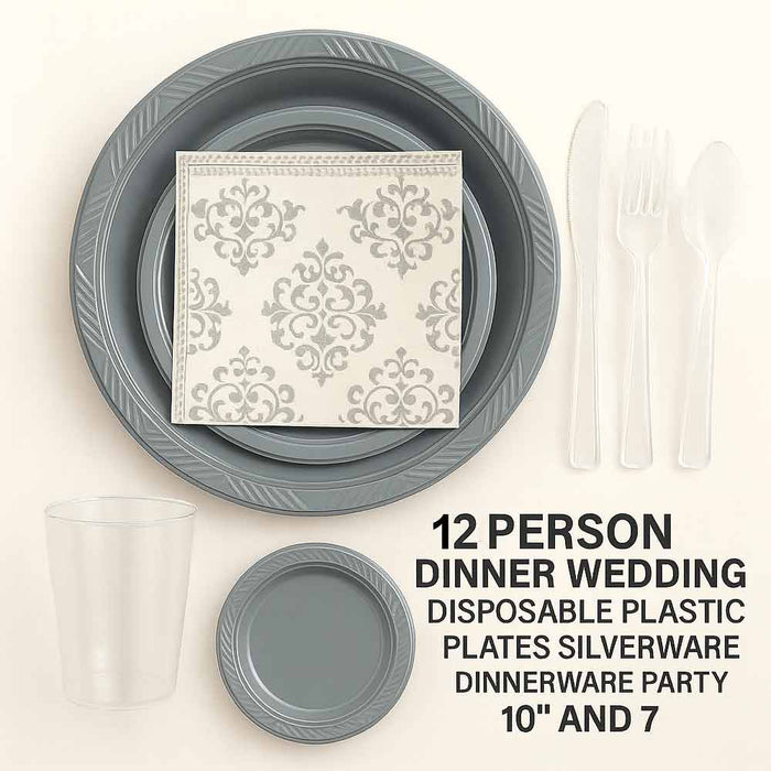 12 P Disposable Set Dinner Wedding Party Plastic Plate Fork Knife Napkin Glasses