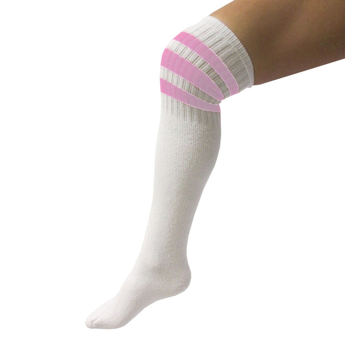 4 Pairs Knee High Tube Socks 3 Stripe Old School 24 Soccer Sport 10-15 Pink