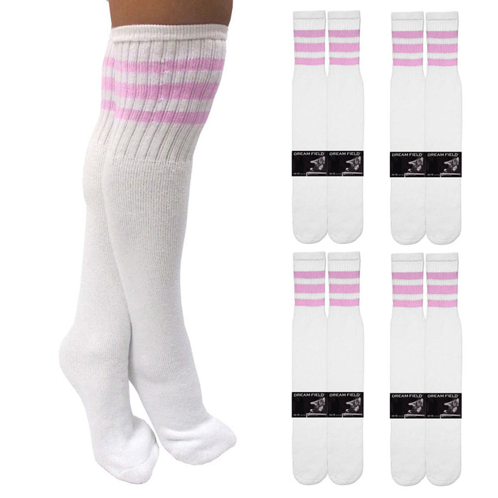 4 Pairs Knee High Tube Socks 3 Stripe Old School 24 Soccer Sport 10-15 Pink