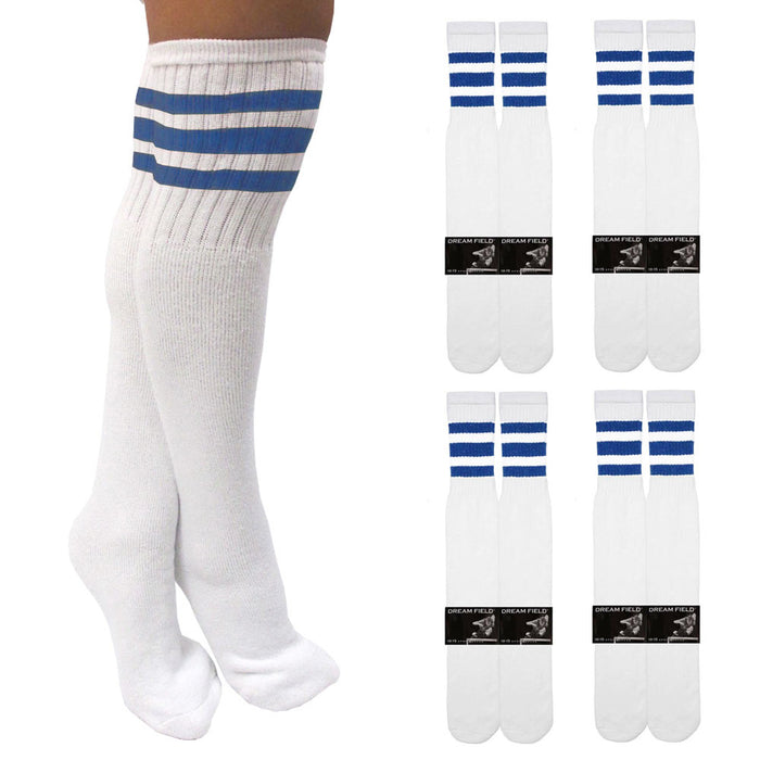 4 Pairs Casual Knee High White Tube Socks Long Athletic Blue Stripe Sports 10-15