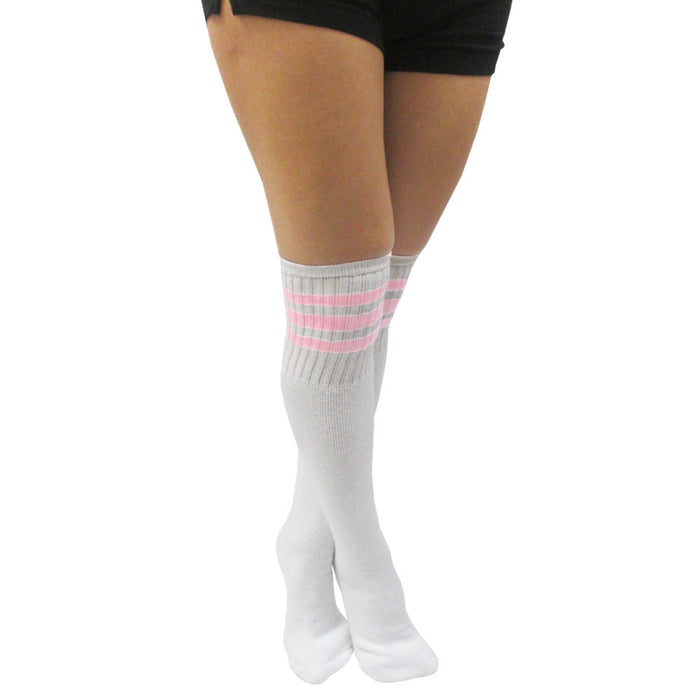 4 Pairs Knee High White Tube Socks Pink Stripe Cotton Long Athletic Sports 10-15
