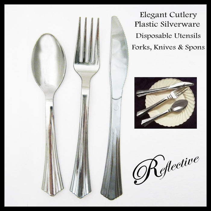 18 Plastic Cutlery Silver Forks Knives Spoons Party Tableware Disposable Elegant
