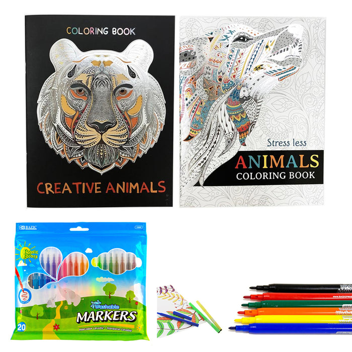 22 PC Mandala Coloring Book Markers Set Stress Relieving Animal Designs Drawing