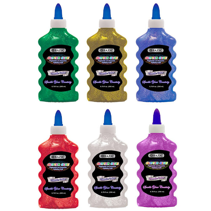 6 BAZIC Classic Color Glitter Glue Assorted 6.76 Fl Oz Sparkle Slime Art Crafts
