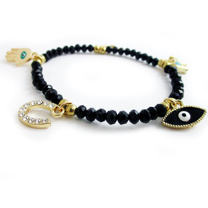 Evil Eye Bracelet Stretch Beaded Black Crystal Hamsa Fatima Lucky Charm Kabbalah