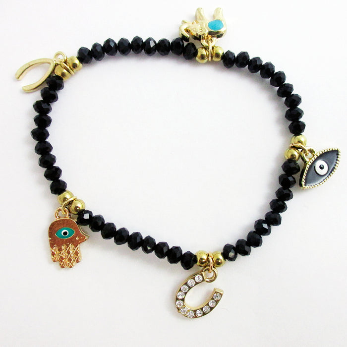 Evil Eye Bracelet Stretch Beaded Black Crystal Hamsa Fatima Lucky Charm Kabbalah