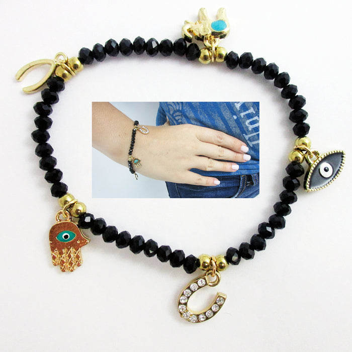 Evil Eye Bracelet Stretch Beaded Black Crystal Hamsa Fatima Lucky Charm Kabbalah