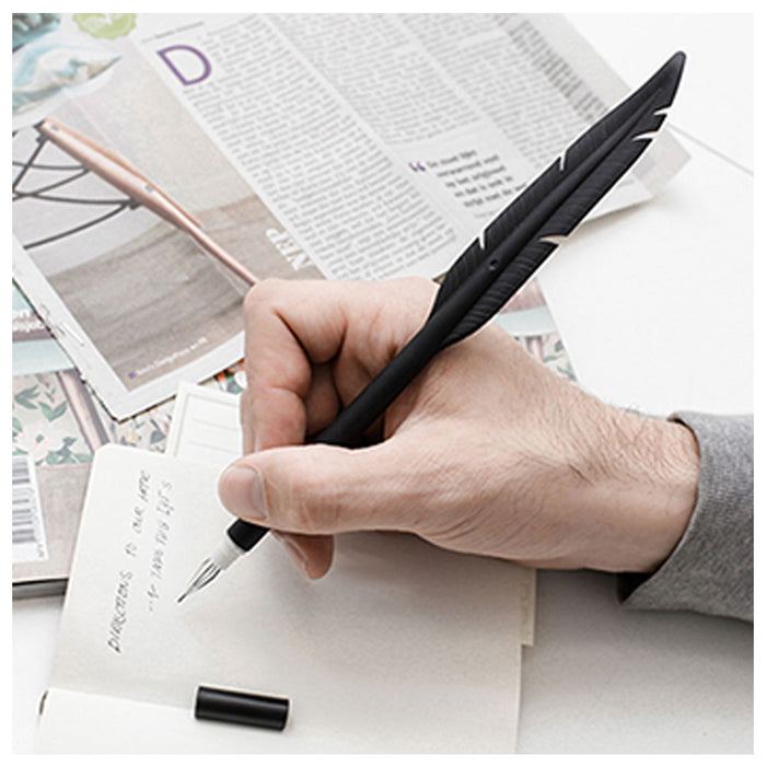 2 Kikkerland Feather Gel Pen Ink Silicone Rubber White Black School Office Gift