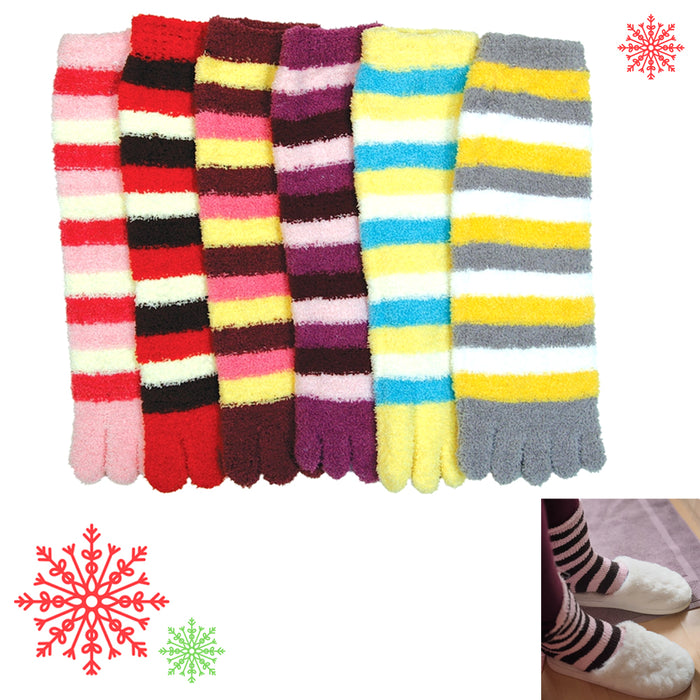 6 Pairs Fuzzy Toe Socks Soft Striped Ladies Women Size 9-11 Fun Color Style Lot