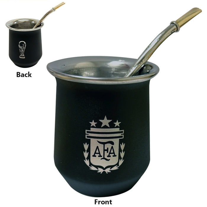Argentina Mate Gourd Bombilla Afa 3Star Worldcup Stainless Steel Straw Black Cup