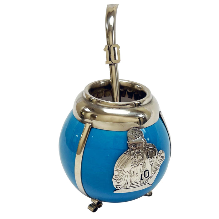 Blue Ceramic Mate Gourd Argentina Alpaca Bombilla Drink Straw Messi World Cup