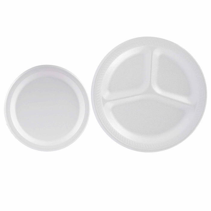 22 White Foam 3 Compartment Plate 8 7/8" & 25pc Round Foam Plate 6" Party Picnic