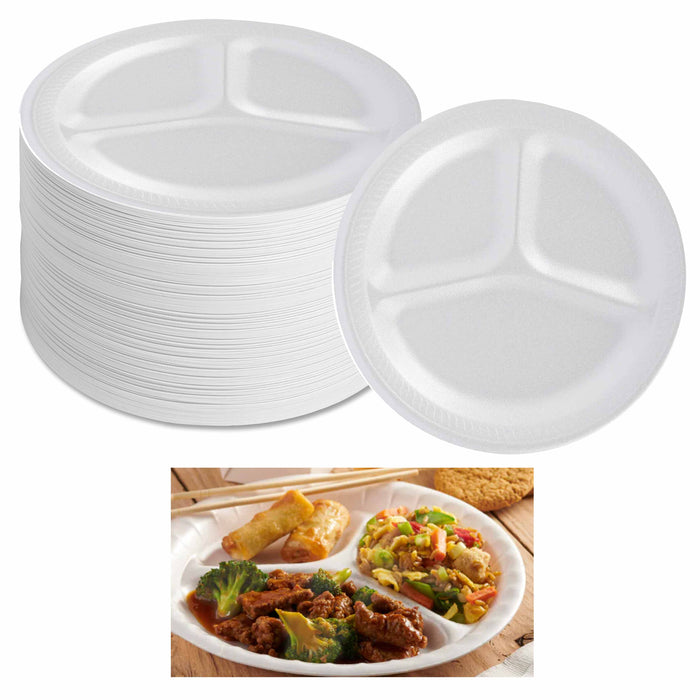 220 Ct Heavy Duty Foam Plates 3 Section Compartment White Soak Proof Bulk 8-7/8"