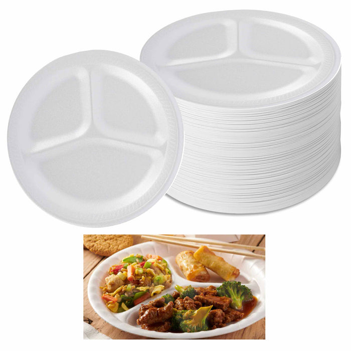 220 Ct Heavy Duty Foam Plates 3 Section Compartment White Soak Proof Bulk 8-7/8"