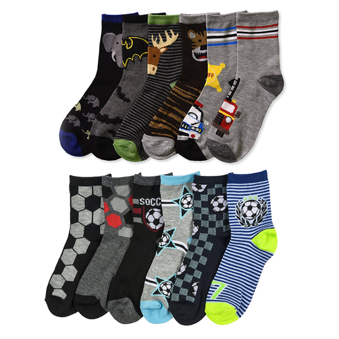 New 12 Pairs Packs Size 4-6 Kids Boys Crew Socks Cartoon Design Patterned School