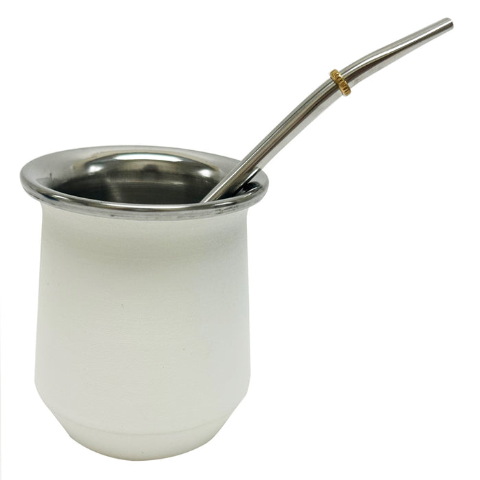 White Argentine Mate Tea Cup Double Wall Bombilla Straw Set Stainless Steel Gourd