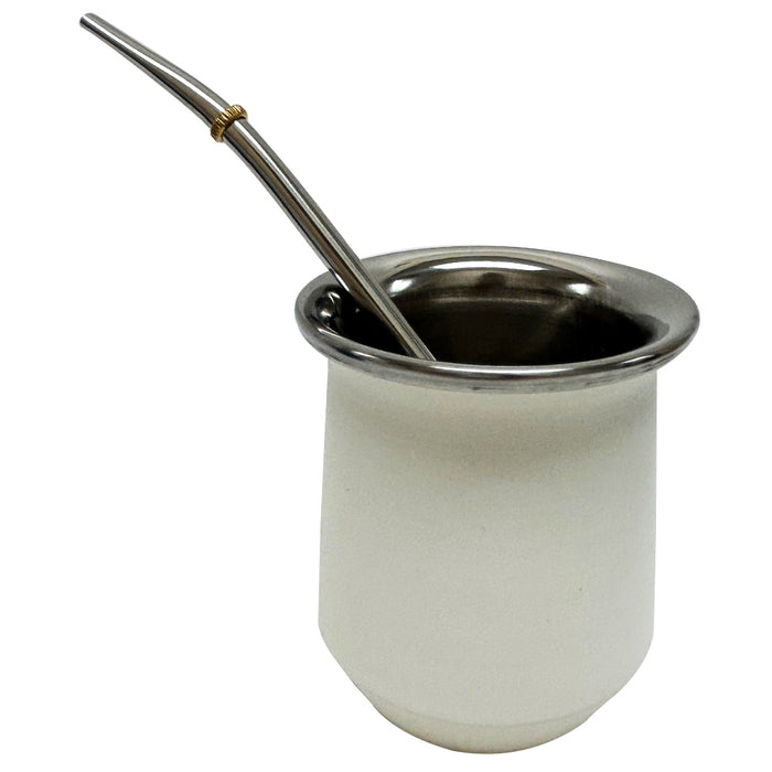 White Argentine Mate Tea Cup Double Wall Bombilla Straw Set Stainless Steel Gourd