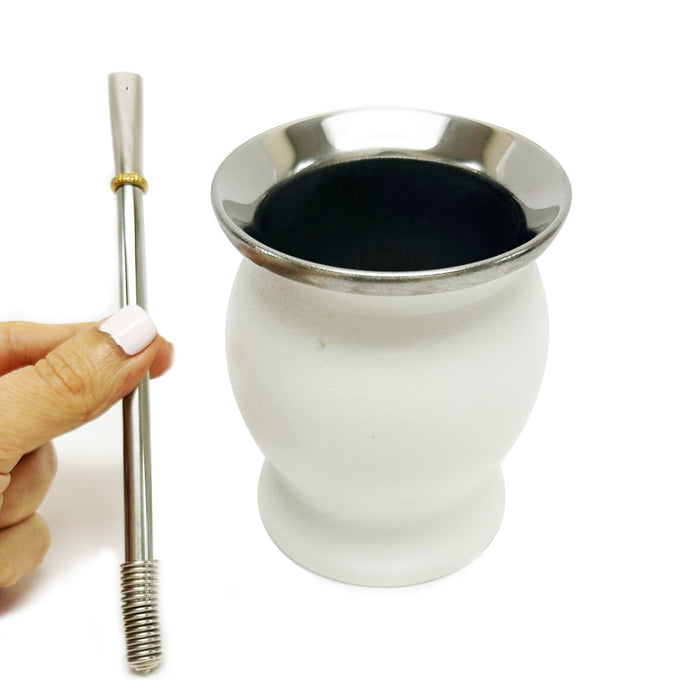 Yerba Mate Cup Bombilla Set Double Wall Stainless Steel Straws Tea Filter White
