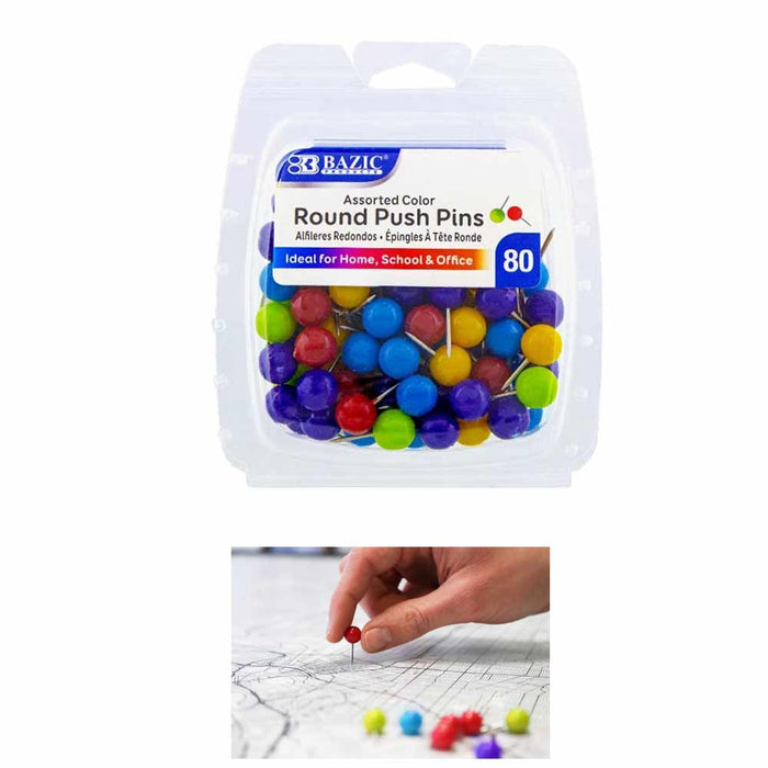 80 Pc Multi Color Push Pins Map Thumb Tacks Round Head Steel Point Cork Board
