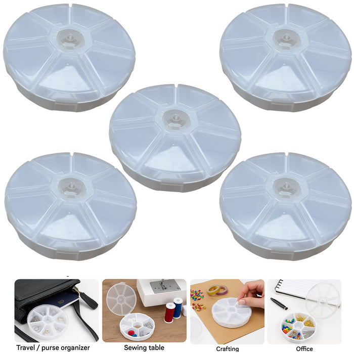 5Pcs 7 Compartments Plastic Clear Round Craft Gem Beads Display Storage Case Box