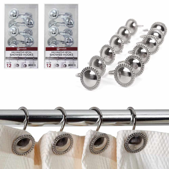 24 Pc Metal Shower Hooks Curtain Rings Decorative Heavy Duty Rod Bathroom Silver