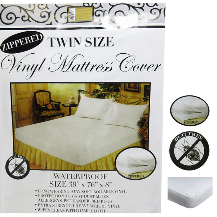 2 Pc Twin Vinyl Zippered Mattress Cover Waterproof Bed-Bug Proof Dust Protector